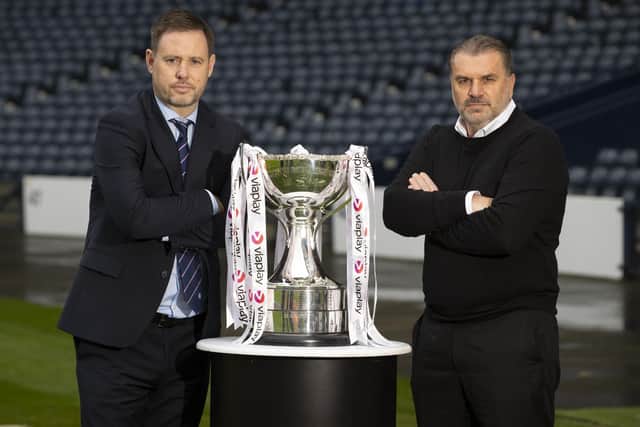 Rangers manager Michael Beale and Celtic counterpart Ange Postecoglou with the Viaplay Cup at Hampden. (Photo by Alan Harvey / SNS Group)