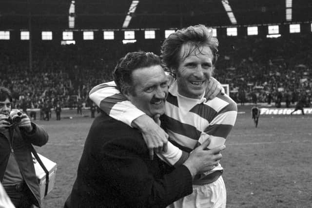 Billy McNeill, pictured with Celtic manager Jock Stein after winning the 1974 Scottish Cup, died aged 79 in April 2019 after suffering from dementia