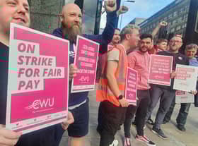 John Devlin 29/07/2022. GLASGOW. BT workers on the picket line in Glasgow. CWU members in Northern Ireland and across the UK, including 999 call handlers, are to take part in further strike action tomorrow