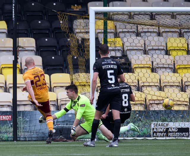 Liam Grimshaw lashes the rebound past Livi keeper Max Stryjek for the winning goal (Pics by Ian McFadyen)