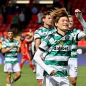 Celtic’s Kyogo Furuhashi celebrates at full time following the victory over Aberdeen.