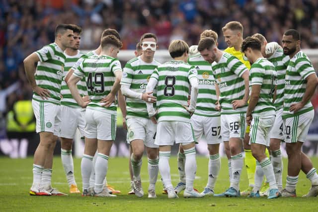 The Celtic players huddle at full time after the 2-1 defeat to Rangers in the Scottish Cup semi-final at Hampden. (Photo by Craig Foy / SNS Group)