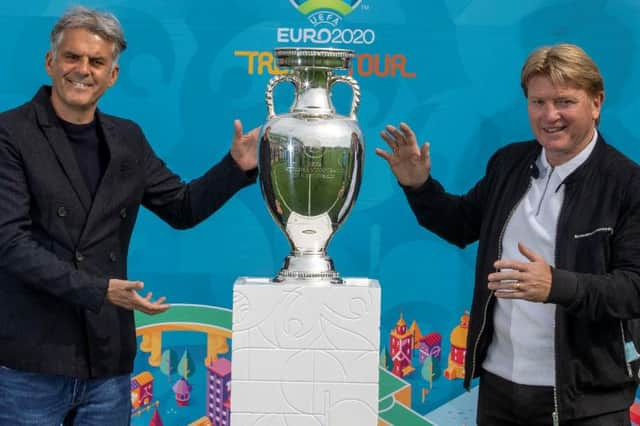 Stuart McCall (right) and fellow ex-Scotland ace Darren Jackson with Euro 2020 trophy