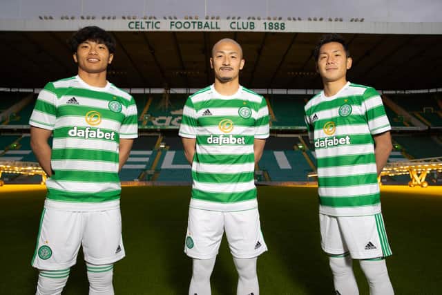 Celtic's J-League January signings Reo Hatate, Daizen Maeda and Yosuke Ideguchi are paraded together but Ange Postecoglou says the trio, and Kyogo Furuhashi, shouldn't be perceived as 'four Japanese' but individuals. (Photo by Alan Harvey / SNS Group)