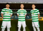 Celtic's J-League January signings Reo Hatate, Daizen Maeda and Yosuke Ideguchi are paraded together but Ange Postecoglou says the trio, and Kyogo Furuhashi, shouldn't be perceived as 'four Japanese' but individuals. (Photo by Alan Harvey / SNS Group)