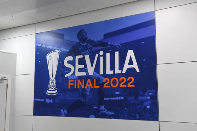 Glasgow Airport displays Sevilla 2022 posters as Rangers fans leave to go to the Europa League final in Seville. (Photo by Craig Foy / SNS Group)