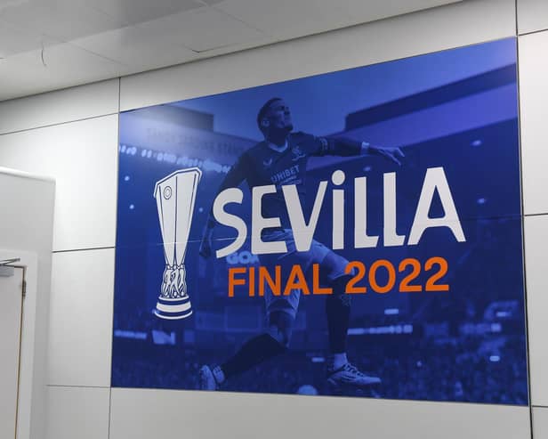Glasgow Airport displays Sevilla 2022 posters as Rangers fans leave to go to the Europa League final in Seville. (Photo by Craig Foy / SNS Group)
