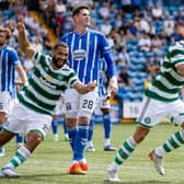 Celtic's Carl Starfelt (R) celebrates scoring to make it 4-0 during a cinch Premiership match between Kilmarnock and Celtic at Rugby Park, on August 14, 2022, in Kilmarnock, Scotland. (Photo by Craig Williamson / SNS Group)