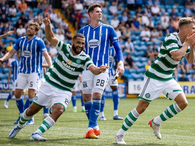 Celtic's Carl Starfelt (R) celebrates scoring to make it 4-0 during a cinch Premiership match between Kilmarnock and Celtic at Rugby Park, on August 14, 2022, in Kilmarnock, Scotland. (Photo by Craig Williamson / SNS Group)
