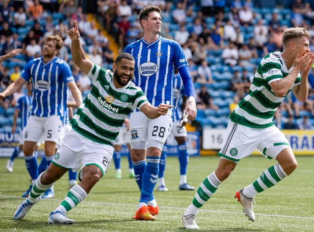 <p>Celtic's Carl Starfelt (R) celebrates scoring to make it 4-0 during a cinch Premiership match between Kilmarnock and Celtic at Rugby Park, on August 14, 2022, in Kilmarnock, Scotland. (Photo by Craig Williamson / SNS Group)</p>
