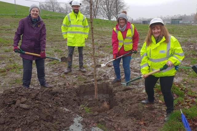 Helping to plant the trees are: (l-r) (LtoR) Susan Ferguson (Friends of Bellahouston Park), Paul Milligan (Caledonia Water Alliance), Sheila Yuill (Friends of Bellahouston Park) and Jane McKenzie (Scottish Water)