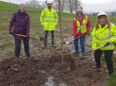 Helping to plant the trees are: (l-r) (LtoR) Susan Ferguson (Friends of Bellahouston Park), Paul Milligan (Caledonia Water Alliance), Sheila Yuill (Friends of Bellahouston Park) and Jane McKenzie (Scottish Water)