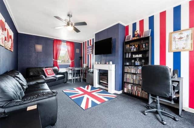 The Union Jack themed living room.