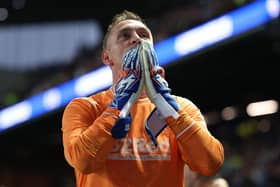 Rangers' Allan McGregor, here blowing kisses to the club's support following the closing game of last season, could be judged a club great in his position who does not require to defer to Andy Goram.  (Photo by Ross MacDonald / SNS Group)