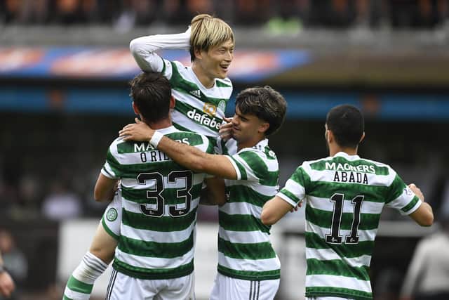 Celtic striker Kyogo Furuhashi celebrates scoring his second in the rout of Dundee United. (Photo by Rob Casey / SNS Group)