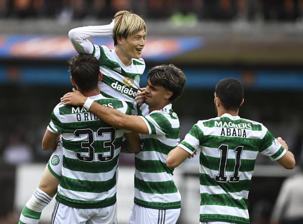 Celtic striker Kyogo Furuhashi celebrates scoring his second in the rout of Dundee United. (Photo by Rob Casey / SNS Group)