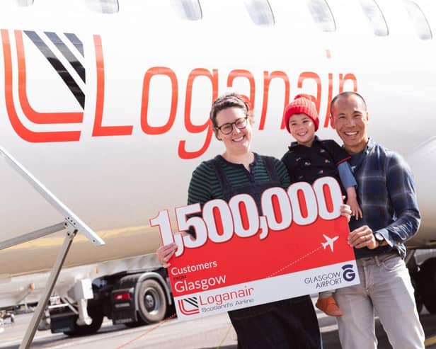 Laura, Stan and Iver Lee were Loganair's 1.5 millionth passengers at Glasgow Airport