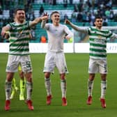 Victorious Celtic players celebrate in front of the jubilant home fans after their 2-0 win over Ferencvaros. Picture: SNS