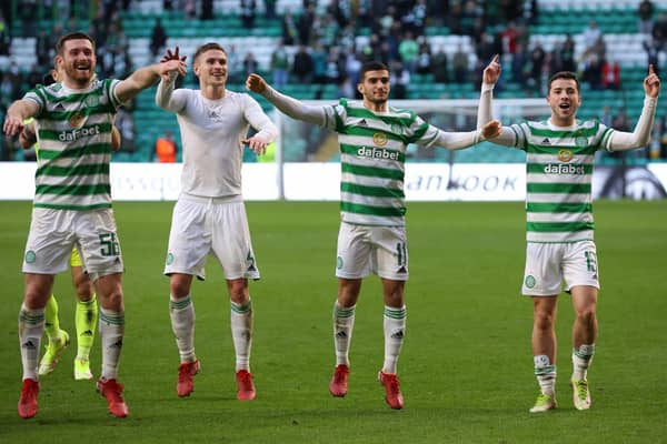 Victorious Celtic players celebrate in front of the jubilant home fans after their 2-0 win over Ferencvaros. Picture: SNS