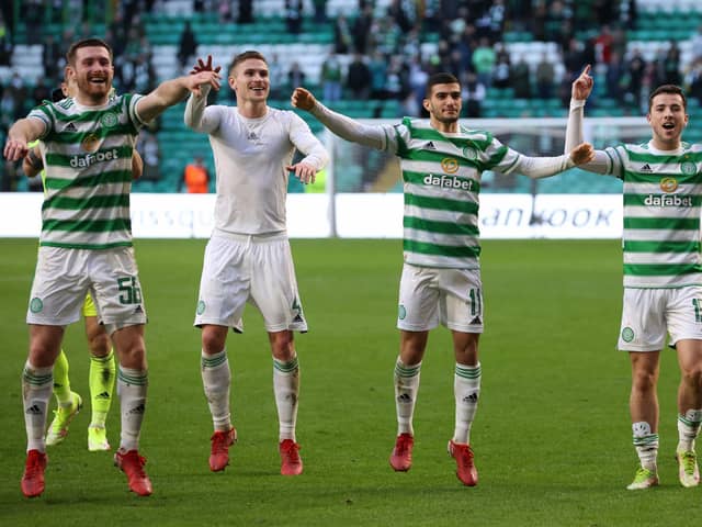 Victorious Celtic players celebrate in front of the jubilant home fans after their 2-0 win over Ferencvaros. Picture: SNS