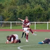 Marc Smith scores Carluke's fourth goal in the win over Glasgow United (Pic by Kevin Ramage)