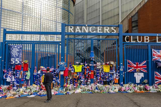 Tributes for Rangers' legendary goalkeeper Andy Goram outside Ibrox Stadium. (Photo by Euan Cherry / SNS Group)