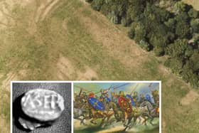 Design of the gateway of one of the temporary Castledykes camps was discovered by aerial photography. Inset: Lead seal and cavalry.