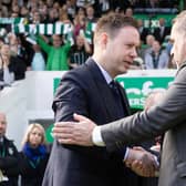 Michael Beale and Ange Postecoglou shake hands before the most recent Old Firm derby at Celtic Park. (Photo by Craig Williamson / SNS Group)