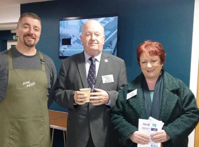 Rona, pictured with Tom Fox, Trustee of Prisoners Week Scotland and Rev James Faddes, church leader at Bishopbriggs Community Church