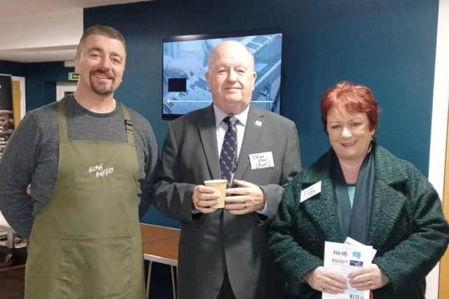 Rona, pictured with Tom Fox, Trustee of Prisoners Week Scotland and Rev James Faddes, church leader at Bishopbriggs Community Church