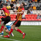 Partick's Kevin Holt scores an own goal to make it 1-0 during the cinch Championship match between Partick Thistle and Kilmarnock at Firhill Stadium. (Photo by Sammy Turner / SNS Group)