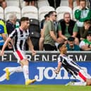 Keanu Baccus celebrates in front of the Hibs support after opening the scoring for St Mirren. Picture: SNS