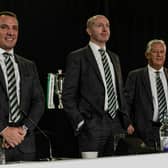 From left - Celtic manager Brendan Rodgers, chief executive Michael Nicholson and non-executive chairman Peter Lawwell (R)