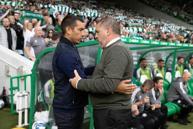 Celtic manager Ange Postecoglou and Rangers boss Giovanni van Bronckhorst prior to the recent Old Firm fixture at Celtic Park.  (Photo by Alan Harvey / SNS Group)