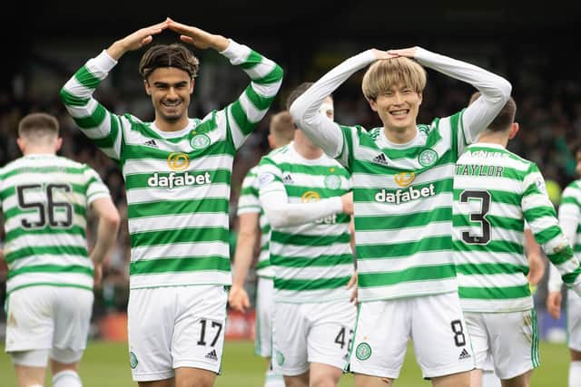 Jota (left) and Kyogo Furuhashi are among six Celtic players named in the 2022 PFA Scotland Premiership Team of the Year. (Photo by Alan Harvey / SNS Group)
