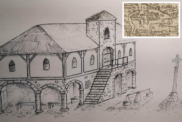 Depiction of the Tolbooth in Lanark in mediaeval times. Inset: Timothy Pont's map of Lanarkshire gives some details about the building.