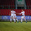 David Goodwillie is congratulated after scoring what proved the last of his 109 Clyde goals against Queen's Park recently (pic: Craig Black Photography)