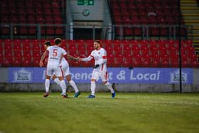 David Goodwillie is congratulated after scoring what proved the last of his 109 Clyde goals against Queen's Park recently (pic: Craig Black Photography)