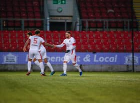 David Goodwillie is congratulated after scoring what proved the last of his 109 Clyde goals against Queen's Park recently (pic: Craig Black Photography)