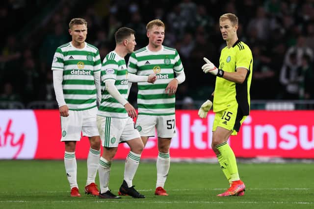 Celtic keeper Joe Hart passes on instructions to Callum McGregor, with the club captain stating that the 34-year-old's standard-setting on and off pitch, and his humility, have been of crucial importance in Ange Postecoglou's revitalisation of the Parkhead side. (Photo by Craig Williamson / SNS Group)