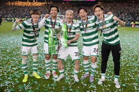 Celtic's Japenese contingent, Kyogo Furuhashi, Reo Hatate, Daizen Maeda, Tomoki Iwata and Yuki Kobayashi, celebrate after the Viaplay Cup final win over Rangers.  (Photo by Alan Harvey / SNS Group)