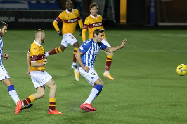 Allan Campbell shoots home Motherwell's winner at Kilmarnock on the sides' last meeting on February 10 (Pic by Ian McFadyen)