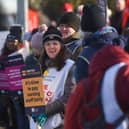 Royal College of Nursing picket line as staff strike outside a hospital.