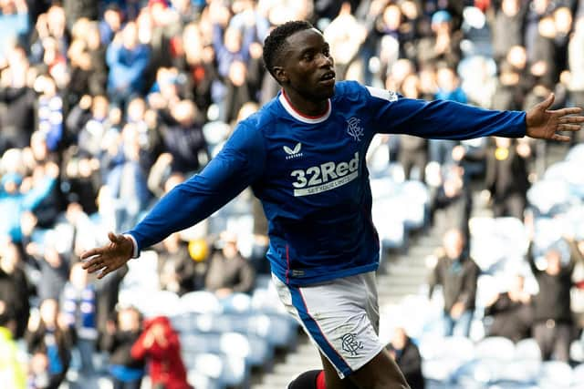 Fashion Sakala Jr celebrates after scoring Rangers' fourth in the win over St Mirren at Ibrox. (Photo by Alan Harvey / SNS Group)