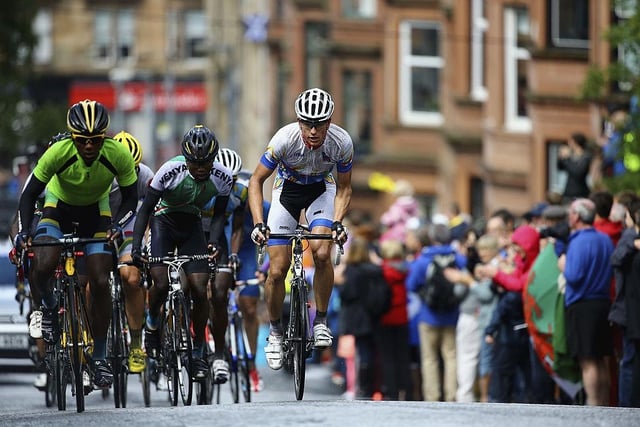 The peloton makes its way along  Old George Street in the Men's Road Race during day eleven of the Glasgow 2014 Commonwealth Games on August 3, 2014.