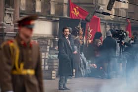 Taron Egerton sports a moustache during filming for Tetris in Glasgow