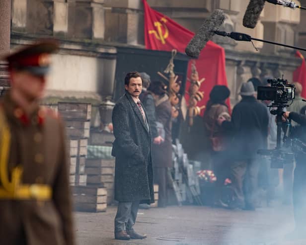 Taron Egerton sports a moustache during filming for Tetris in Glasgow