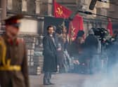 Taron Egerton sports a moustache during filming for Tetris in Glasgow