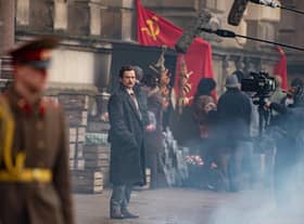 Taron Egerton sports a moustache during filming for Tetris in Glasgow
