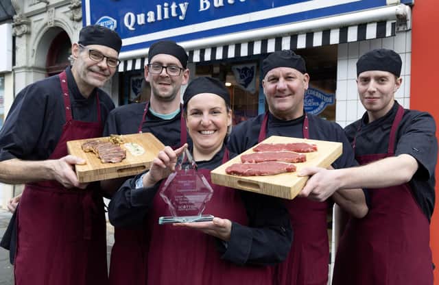 FREE TO USE PHOTOGRAPH
The team from Coopers Butchers in Bellshill, North Lanarkshire pictured with their Scottish Craft Butchers Diamond Award for their 28 Day Matured Sirloin Steak, from left to right, Jim Grant (butcher), Liam Doherty (chef), Laura Black (owner), Matt McGregor (butcher) and Liam Devine (apprentice butcher
see press release from Scottish Craft Butchers or call Maureen Young on 07778 779888
Picture by Graeme Hart.
Copyright Perthshire Picture Agency
Tel: 01738 623350  Mobile: 07990 594431